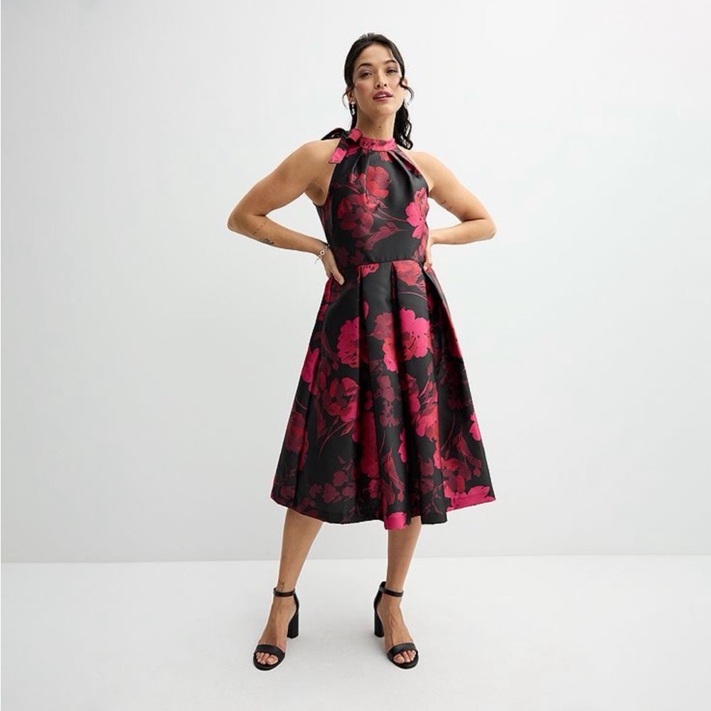 Maison Tara Bow Neck Halter Fit & Flare Midi Dress